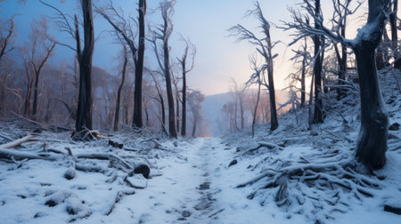 sunrise illuminating a snow-covered forest trail in the woods, reminiscent of australian landscapes. this captivating photo, taken with provia film, captures the essence of decaying landscapes. the sky-blue and black hues add a touch of mystique, reminiscent of the stunning works by raphael lacoste and zhang kechun featured in national geographic. ai generatedの素材