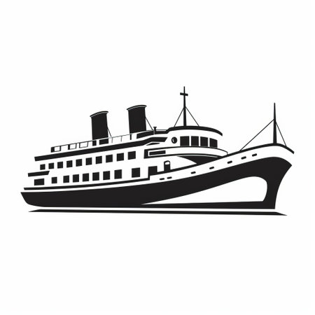 a minimalist black and white vector illustration of a steamboat in the sea. this art deco ornamentation style logo captures the essence of the 1960s berlin secession movement and the works progress administration (wpa). the image is smooth and polished, showcasing the elegance of the steamboat. ai generatedの素材