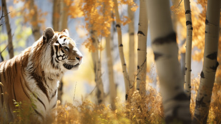 a majestic tiger stands confidently in the dense woods, its powerful presence accentuated by the surrounding trees. this captivating photograph, reminiscent of the artistic style of mike campau and brent heighton, showcases a stunning combination of white and amber hues. with elements of terragen and vray tracing, this national geographic-worthy image captures the essence of nature's beauty, evoking a sense of awe and wonder. aiの素材