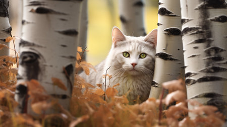 a cat camouflaged amidst birch trees, captured with precision using schlieren photography. the image showcases the cat's hidden presence, enhanced by the soft-focus technique and realistic rendering. the color palette of white and magenta, along with hints of gray and amber, adds depth and intrigue to the composition. ai generatedの素材