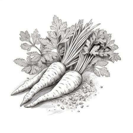 a black and white graphic image featuring realistic and detailed renderings of carrots and parsley. the style is reminiscent of jusepe de ribera's hyper-detailed illustrations, with clean and sharp inking. the image showcases intricate character illustrations and a fantasy-inspired atmosphere, similar to detailed landscapes. ai generatedの素材