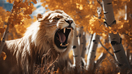 a lion, captured in the style of octane render, is seen walking through a vibrant landscape of fallen leaves. with its mouth open, the lion's intense expression adds to the photo-realistic techniques used to create this concept art. the white and amber tones of the lion's fur contrast beautifully with the spiky mounds of leaves surrounding it. ai generatedの素材