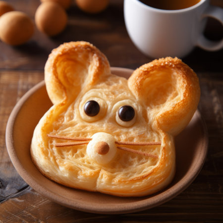 a chocolate mouse-shaped dough is playfully served on a plate, showcasing a humorous twist. this traditional chinese-inspired creation features lively facial expressions and furry art, adding a touch of whimsy. the low resolution image captures the light yellow and light orange tones, while the uhd quality ensures a detailed viewing experience. ai generatedの素材