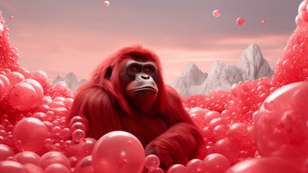 red orangutan in the water, captured by alaska-based graphic design duo maxxin. this artwork, inspired by the style of beeple, features luminous spheres and isolated landscapes. made of plastic, the 32k uhd image showcases a monochromatic color scheme with bursts of vibrant, colorful cartoon elements. ai generatedの素材