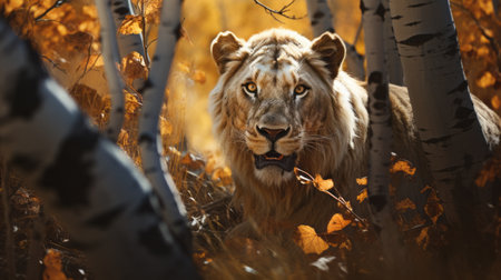 a majestic white lion gracefully strolls through a mystical forest, resembling a character from a fantasy tale. the image showcases stunning light amber and amber hues, with photo-realistic landscapes created using vray tracing. the composition exudes an epic and regal atmosphere, highlighting the kingcore theme and employing photo-realistic techniques. ai generatedの素材