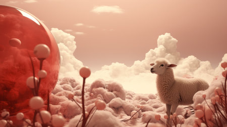 a sheep stands gracefully amidst a vibrant field of flowers, creating a surrealistic dreamscape. rendered in cinema4d, this artwork showcases the sheep in a light red and light pink color palette. the scene is enhanced with spherical sculptures, minimal retouching, and a touch of cloudpunk and wimmelbilder influences. ai generatedの素材