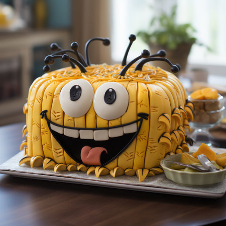 a yellow cake with adorable eyes, perfect for captivating little kids. this cake is designed in a unique style, resembling insects and featuring bold, cartoonish lines. the fragmented advertising elements and twisted characters add an intriguing touch. the large-scale, matte photo showcases the cake's vibrant colors and playful design. ai generatedの素材