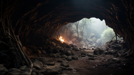 a cave illuminated by a vibrant beam of light amidst its dark and rocky surroundings. this captivating image showcases a smokey background, highlighting the essence of environmental activism and the beauty of australian landscapes. with a touch of cinematic storytelling, the cave's burned and charred appearance adds a mysterious allure, reminiscent of a jungle filled with nature-inspired installations. ai generatedの素材