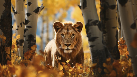 lions basking in the vibrant hues of autumn trees, captured in a hyperrealistic style reminiscent of unreal engine 5. this stunning image showcases the power of ray tracing and minimal retouching, resulting in a mesmerizing portrayal of these majestic creatures. with a touch of mythological references and the allure of a manticore, this artwork transports you to a world where xbox 360 graphics come toの素材