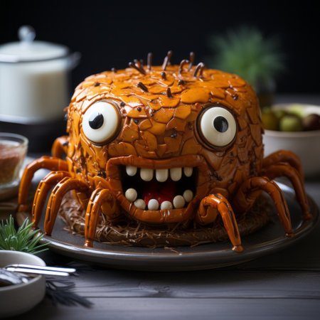 a dark and spooky-themed chocolate cake with eyes sits on a tabletop. the cake features spiky mounds and a light orange color, reminiscent of marine biology-inspired designs. the cake's unique shape is bulbous, resembling a cheese-like texture. this captivating image showcases the cake's intricate details through expert tabletop photography. ai generatedの素材