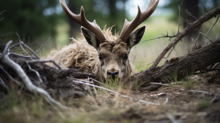 a hyper-realistic horse jackalope, with sinister eyes and gnarled antlers, evoking an aura of eerie menace. captured with a sony a1, fe 24-70mm f/2.8 gm lens, iso 800, f/2.8, 1/1600s, where nature and nightmare intertwine, unveiling a creature of dark folklore. ai generatedの素材