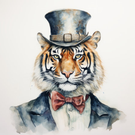 a watercolor painting of a tiger donning a top hat, showcasing a minimalistic portrait style. this classical and historical genre scene combines elements of fantastical street art with vibrant colors, creating a captivating and visually stunning image. the western-style portrait of the tiger exudes a sense of english majesty. this uhd image tells a colorful and enchanting story. ai generatedの素材
