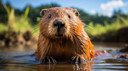 a photo of beavers in their natural habitat, captured in the style of narrative-driven visual storytelling. these fascinating creatures, with their distinct appearance, do not resemble dogs or cats. the image showcases their random ravels, while their fur appears smooth and shiny. it serves as a reminder of the importance of environmental activism. this captivating photo is a testament to the artistic vision of photographersの素材