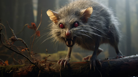 a gray rat with red eyes stands tall in the forest, portrayed in a unique style rendered in unreal engine. the scene features grotesque characters, spiky mounds, and exaggerated expressions, reminiscent of a movie still. the late 19th-century setting adds a touch of historical charm to this captivating image. powered by intel core technology. ai generatedの素材