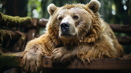 a bear in the woods captured in a mesmerizing photo, resembling water drops. this national geographic-style image showcases the bear's fur and feathers texture in a messy yet captivating manner. the interactive experience of observing this rubber-made cabincore-inspired photograph is truly unique. ai generatedの素材