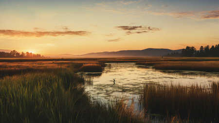 a swamp with grass and trees, resembling majestic and sweeping seascapes, bathed in golden light. this documentary travel photograph captures the avian-themed and lively coastal landscapes. the uhd image showcases the atmospheric and moody lighting, creating a captivating visual experience. ai generatedの素材