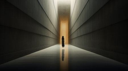 a figure stands in a tunnel, illuminated by a spotlight from behind. this minimalist portrait captures the essence of large-scale religious buildings with a quietly morbid undertone. inspired by oriental minimalism, this daz3d creation offers a flattened perspective and hidden meanings within its portraitures. ai generatedの素材