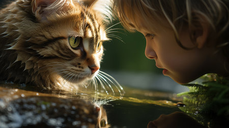 a close-up photo of a cat with another cat in front of it, captured in the style of sparkling water reflections. this national geographic-worthy image, taken by lisa holloway and rendered in unreal engine, exudes child-like innocence. the composition is reminiscent of the works of gabriel metsu. ai generatedの素材