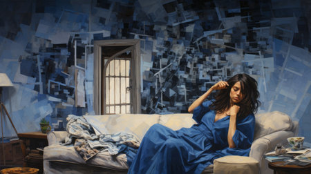 a woman sits on a grey couch, enveloped by blue tiles in this captivating painting. the scene is reminiscent of emotional and dramatic caravaggesque style, with its chiaroscuro lighting and fragmented perspectives. the artist skillfully creates a hyper-realistic atmosphere, transporting viewers into an imaginative prison scene. this painting is a testament to the power of art to evoke intense emotions and transport us to otherの素材