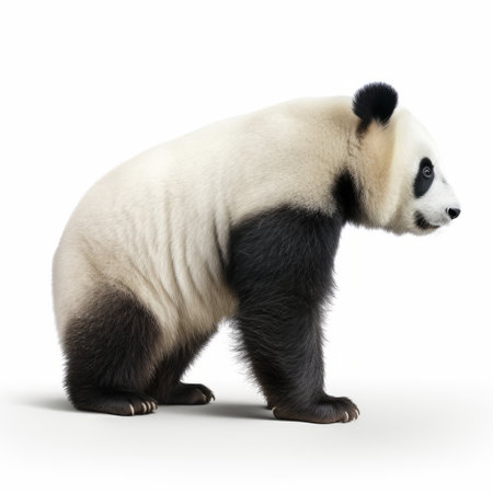 a panda stands on a white background in this photorealistic rendering. captured with the zeiss batis 18mm f2.8 lens, this national geographic photo showcases the panda's beauty. the gestural markings on its fur create a repetitive and curvilinear pattern, adding to the overall visual appeal. ai generatedの素材