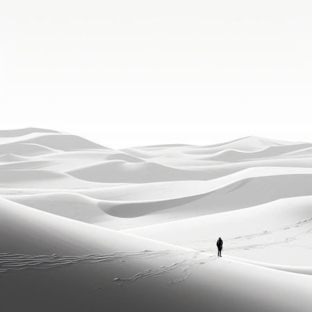 a silhouetted man walks through a snowy desert, showcasing a realistic landscape with soft edges. this digital artwork combines ambient occlusion, oriental minimalism, and fluid landscapes. the dark and white tones create a captivating contrast, making it a stunning example of landscape photography and digital art techniques. ai generatedの素材
