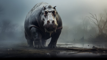 a massive hippo emerges from the fog, showcasing intricate details and a realistic rendering style. the sketchfab artwork captures the strong facial expression of the animal, reminiscent of the work of artist patrick brown. the photo-realistic techniques used in this piece create a captivating contrast between the dark and white tones, resulting in an exotic and mesmerizing image. ai generatedの素材