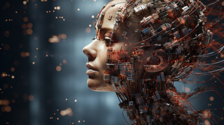 a woman's head adorned with intricate cables and futuristic robot-like parts, creating a visually stunning image. the bokeh effect adds a touch of artistic flair to the highly detailed illustration. this captivating portrayal showcases the fusion of computer-aided manufacturing and the timeless beauty of the human form. the dark gray and light crimson color palette enhances the sense of exacting precision. ai generatedの素材