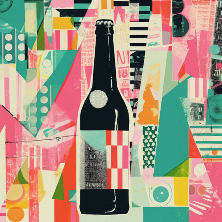 the illustration showcases a vibrant collage-style advertisement for a beer bottle. the artwork features a combination of light green and pink hues, reminiscent of darkroom printing. the fauvist color usage adds a bold and eye-catching element to the piece, while the bold block prints and vibrant glasswork studies create a visually striking composition. the impressionistic layers and vintage cut-and-paste technique give the illustration a uniqueの素材