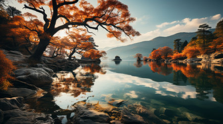 a serene lake surrounded by vibrant teak trees in full autumn splendor reflects their colors on the calm water's surface. this tranquil scene captures the beauty of nature during the fall season, with the reef bathed in soft, warm light during golden hour. ai generatedの素材