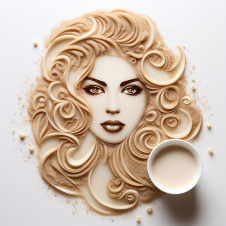 a cup of coffee, resembling a face, is depicted in this uhd image inspired by the artistic style of natalie shau. the organic contours and spirals create a visually captivating composition. the light beige tones add a soothing touch to the overall aesthetic. this artwork, created by dima dmitriev, pays homage to the renowned artist lawren harris. ai generatedの素材
