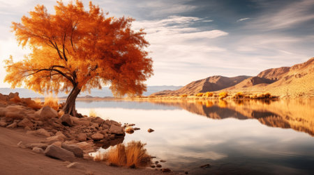 a serene lake in the desert, surrounded by vibrant autumn maple trees, reflects their colors on the calm water's surface. this tranquil scene captures the beauty of nature during the fall season, with a sense of serenity and appreciation. shot during golden hour, the image showcases the soft, warm light illuminating the desert landscape. ai generatedの素材