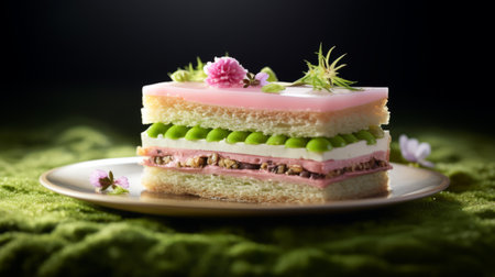 a sandwich and pastry dessert, inspired by the artistic styles of olivier ledroit, miki asai, and herve guibert. the image features rectangular fields with a combination of light pink and light green tones. the high tonal range creates a rich and immersive visual experience. ai generatedの素材
