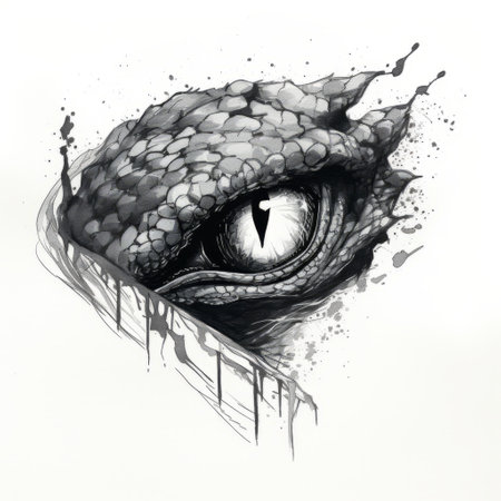 a dragon's eye, depicted by an artist in a graphic design-inspired illustration style. this black and white realism piece showcases a cobra-like appearance, with gothic and graffiti-inspired elements. the artist skillfully captures naturalistic proportions and enhances the overall effect with split toning techniques. ai generatedの素材