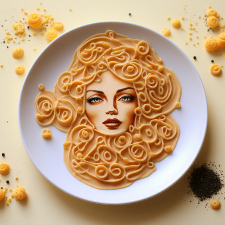 a photo of a whimsical ceramic sculpture depicting the art of making pasta, resembling a woman's hair. the sculpture is created in a cartoon abstraction style, using a photorealistic technique. the matte photo captures the intricate details of the sculpture, showcasing the high resolution and stencil art elements. ai generatedの素材