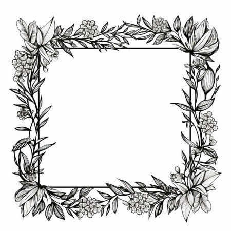 a black and white floral decoration frame vector drawing illustration, inspired by nature and the style of goosepunk. this digitally enhanced artwork showcases botanical abundance with a touch of quadratura. perfect for #screenshotsaturday and featuring elements of frottage. ai generatedの素材