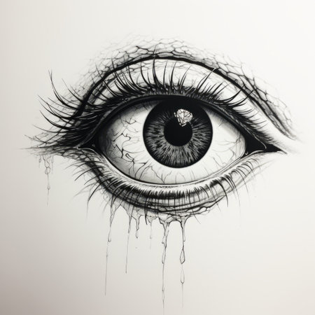 a sad eye, wet with drops, is depicted in this detailed ink illustration. the style showcases urban decay realism, with intricate black and white illustrations and detailed anatomy. the image captures the essence of hyperrealistic murals, with a cracked effect adding depth. this uhd image is a stunning representation of emotion and artistry. ai generatedの素材