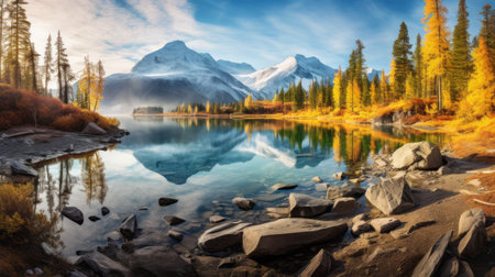a serene lake surrounded by vibrant autumn-colored pine trees reflects their beauty on the calm water's surface, creating a tranquil scene. the golden hour light illuminates the glacier, adding a soft and warm touch to this picturesque view. experience the serenity and appreciate the natural beauty of the fall season in this stunning photograph. ai generatedの素材