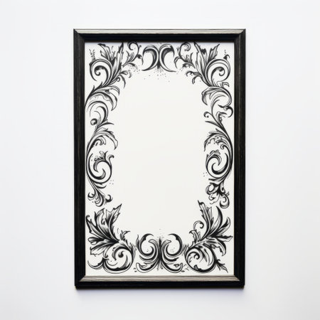elegant black frame on a white background, reminiscent of traditional scroll paintings, showcasing mirrored realms and botanical abstractions. this rococo-inspired art piece captures the essence of american works on paper from 1880 to 1950, with its freehand painting technique. shot on fujifilm pro 400h, this photo exudes timeless beauty and artistic craftsmanship. ai generatedの素材