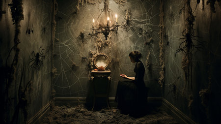 a girl sits at a table in a dark room, captivated by an assortment of artificial spiders. this haunting image, reminiscent of the works of kirsty mitchell, caras ionut, and carl holsoe, combines elements of classical and historical genre scenes, mirror rooms, intricate still lifes, and horror-inspired aesthetics. ai generatedの素材