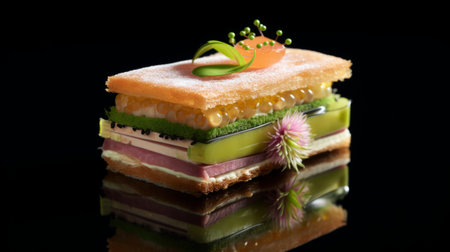 a small cake sliced into shapes with various fruits and vegetables, inspired by absinthe culture. the cake showcases layered complexity and is created by pierre pellegrini. it features a combination of light pink and light amber colors, reminiscent of the artwork of naoto hattori. the cake has a soft, dream-like quality and is adorned with luxurious textures. ai generatedの素材