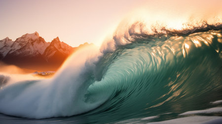 the photo captures the mesmerizing brown waves, resembling lens flares, in a surrealistic style. with light turquoise and light orange hues, this national geographic masterpiece showcases realistic and hyper-detailed renderings. shot on 70mm, the image exhibits vibrant and colorful gradients. ai generatedの素材