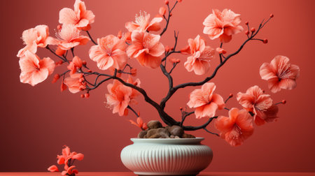 cherry blossoms in a vase, depicted in a 3d rendering, showcase a captivating blend of dark orange and crimson hues. created by artist caras ionut, this artwork captures the essence of chinese new year festivities. the sculptural ceramics and subtle chromatism add depth to the playful still-life composition, with a delightful combination of pink and orange tones. ai generatedの素材