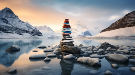 a stack of rocks stands at the edge of a small lake, with majestic mountains and the vast ocean as a backdrop. this surrealistic photograph captures the essence of a snowy scene, with vibrant hues of light red and turquoise. the installation showcases the beauty of piles and stacks, influenced by zen buddhism, creating an adventurous and captivating atmosphere. ai generatedの素材