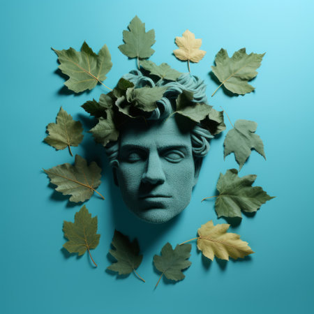 the photo features a sculpture of oliver stone, a pylon of leaves and a leaf, rendered in cinema4d. the sculpture is in a dark turquoise and green color, with a baroque portraiture style. the composition is symmetrical, creating a conceptual photography effect. the sculpture is made of flowers and plaster. ai generatedの素材