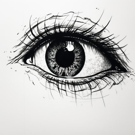 a stunning blue ink eye drawing with intricate details, created using an ink pen on a black background. this high-quality photo showcases the beauty of hand-drawn character illustrations, featuring a white background that enhances the raw texture of the artwork. ai generatedの素材