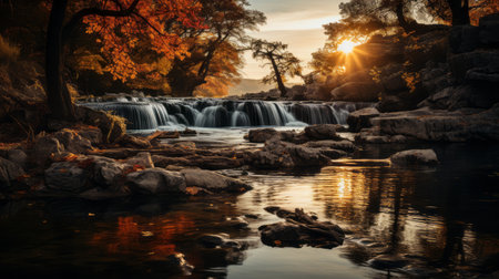 a serene lake surrounded by locust in full autumn splendor, reflecting vibrant colors on the calm water's surface. this tranquil scene evokes a sense of serenity and appreciation for the beauty of nature during the fall season. shot during golden hour, the image showcases soft, warm light illuminating the waterfall. ai generatedの素材