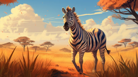 a painted zebra, reminiscent of 2d game art, stands gracefully amidst the lush grasses. the richly colored skies serve as a captivating backdrop for this charming illustration. with subtle shading and animated elements, this uhd image showcases the sheer beauty of this artwork. ai generatedの素材