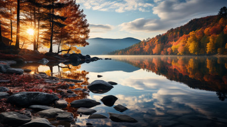 a mountain with a serene lake surrounded by beech trees in full autumn splendor, reflecting vibrant colors on the calm water's surface. this tranquil scene evokes serenity and appreciation for the beauty of nature during the fall season. shot during golden hour, the image showcases soft, warm light illuminating the mountain, lake, and trees. ai generatedの素材