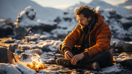 a mountain man sits around a campfire, surrounded by the breathtaking norwegian nature. the photo captures the essence of eco-friendly craftsmanship and showcases the beauty of light-filled landscapes. shot on fujifilm eterna 500t, the image exudes a warm and inviting atmosphere with its light amber and amber tones. the frozen movement adds a touch of dynamism, while the danish design elements enhance the overall aesthetic.の素材