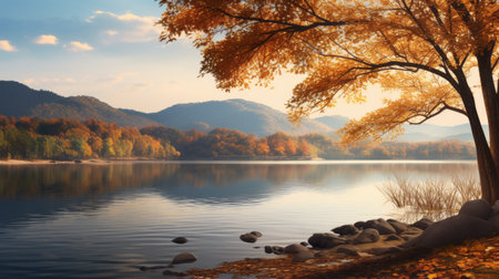 a serene lake nestled in a valley, surrounded by vibrant hickory trees in full autumn splendor. the calm water reflects the vibrant colors, creating a tranquil scene that captures the beauty of nature during the fall season. shot during golden hour, the soft, warm light illuminates the valley, enhancing its serene and picturesque atmosphere. ai generatedの素材